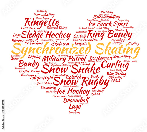 Synchronized skating. Word cloud, heart, red italic font, white background. The love of the sport.