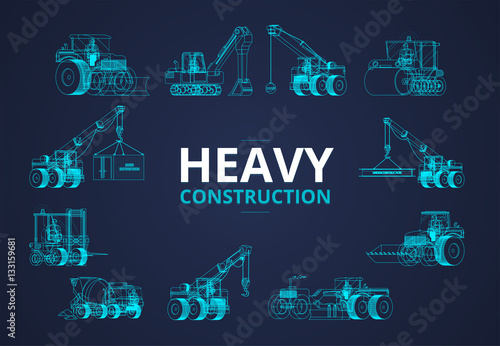 Heavy construction machine background. vector machinery set.