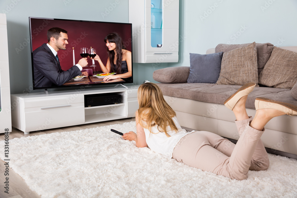 Woman Watching Movie On Television