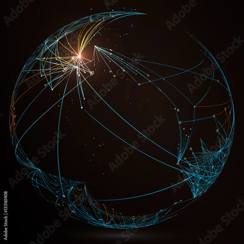 Dotted lines connected to the abstract graphics, network connections.