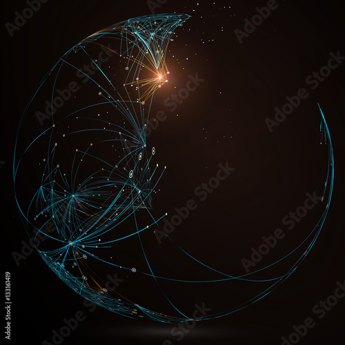Dotted lines connected to the abstract graphics, network connections.