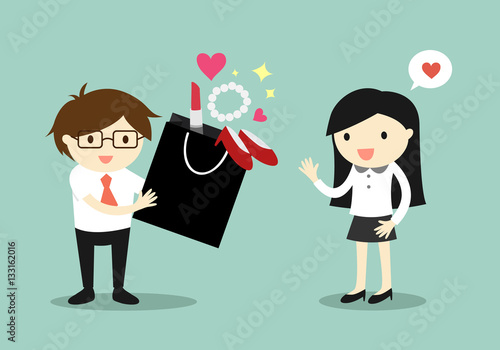 Business concept, Love in office. Businessman bought a lot of things for business woman. Vector illustration.