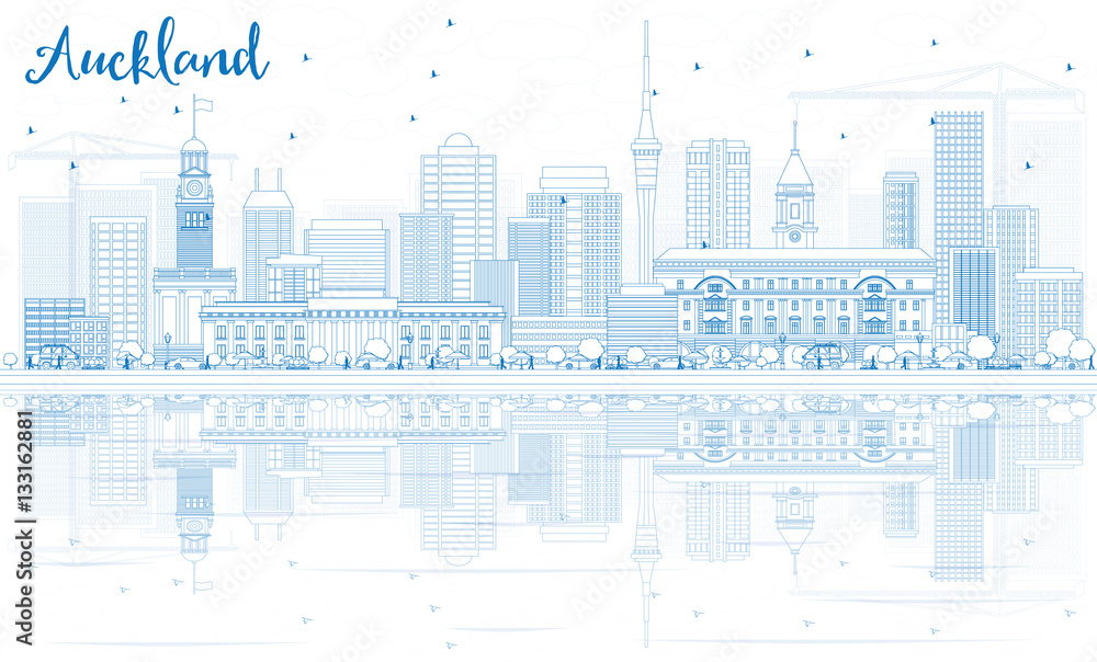 Outline Auckland Skyline with Blue Buildings and Reflections.