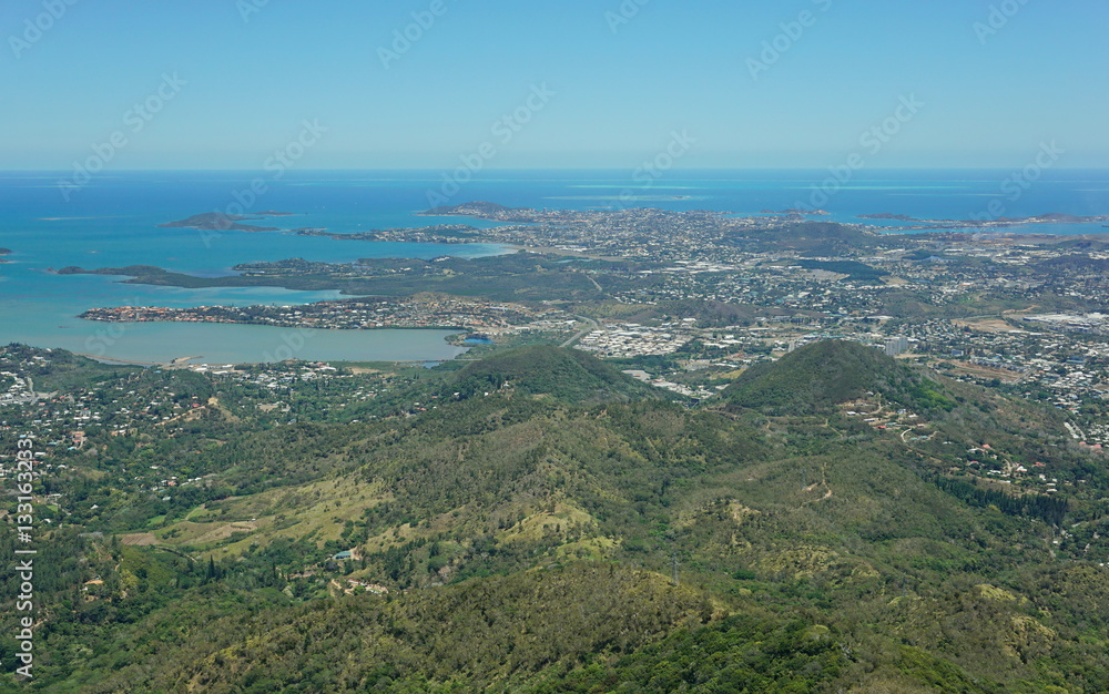 Fototapeta premium Aerial view of the peninsula of Noumea and the city, southwest coast of Grande Terre island, New Caledonia, south Pacific ocean 