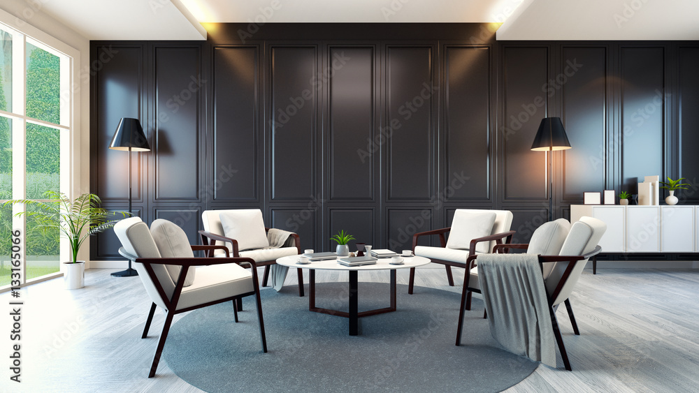 modern contemporary meeting room interior ,white armchair and white cabinet and table on wood floor and classic black wall,3d rendering