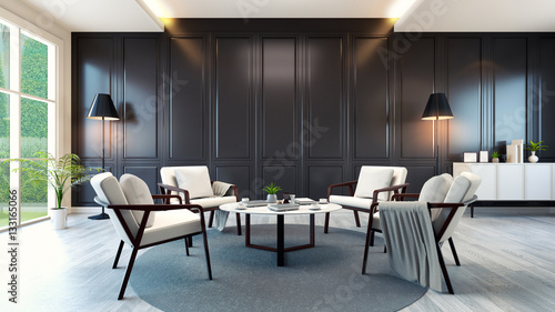 modern contemporary meeting room interior  white armchair and white cabinet and table on wood floor and classic black wall 3d rendering