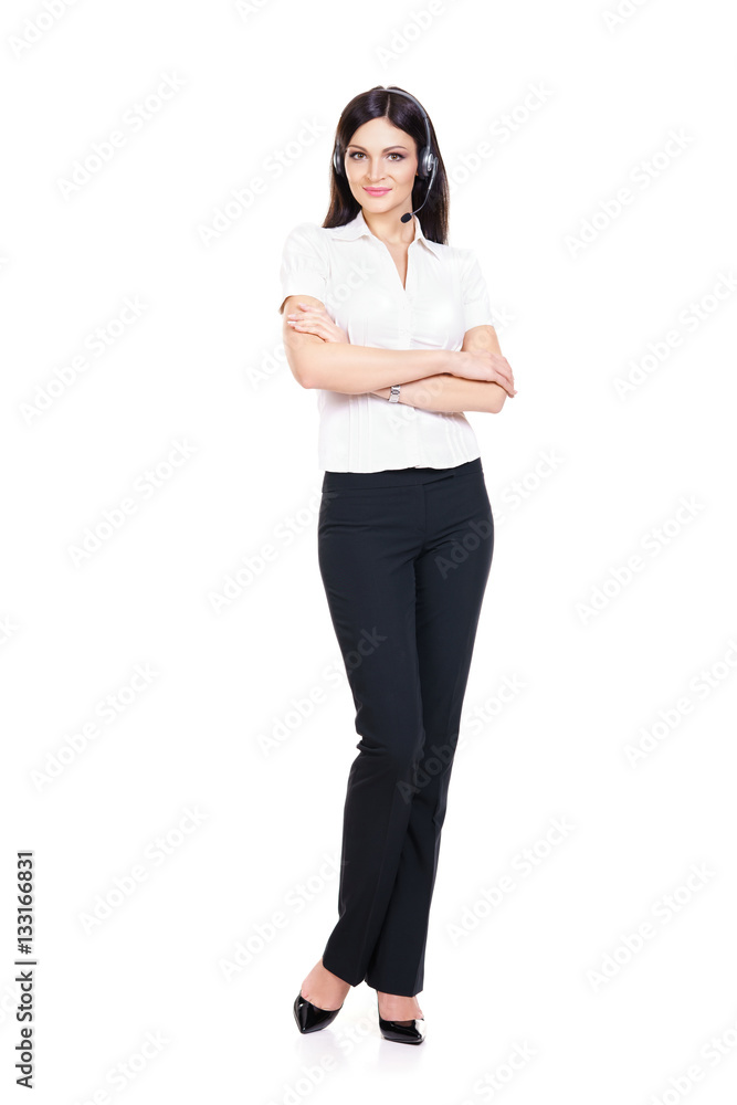 Young customer support operator on white Young customer support operator on white