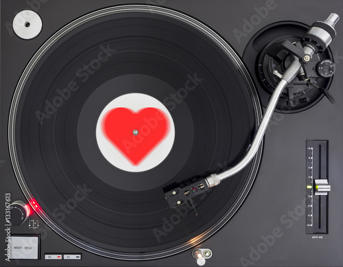 Turntable Playing Romantic Melody Record, Shape of Heart Label, Top View