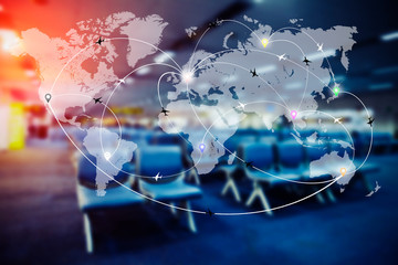 Abstract blurred airport terminal interior with world map of fli