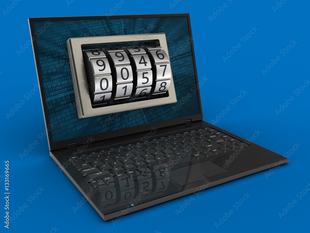 3d illustration of laptop computer over blue background with binary data screen and code lock 3d illustration of laptop computer over blue background with binary data screen and code lock