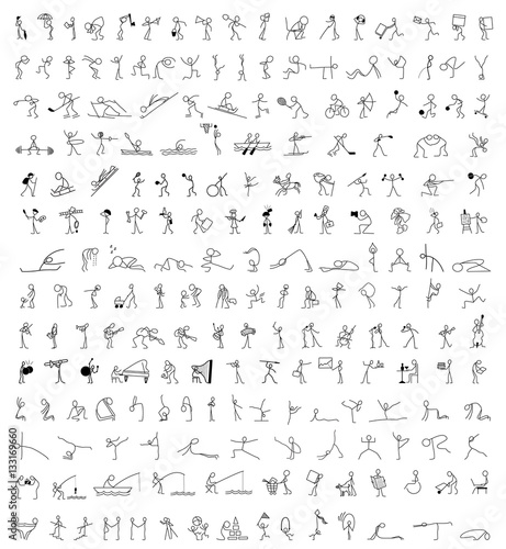 Cartoon icons set of 200 sketch little people stick figure