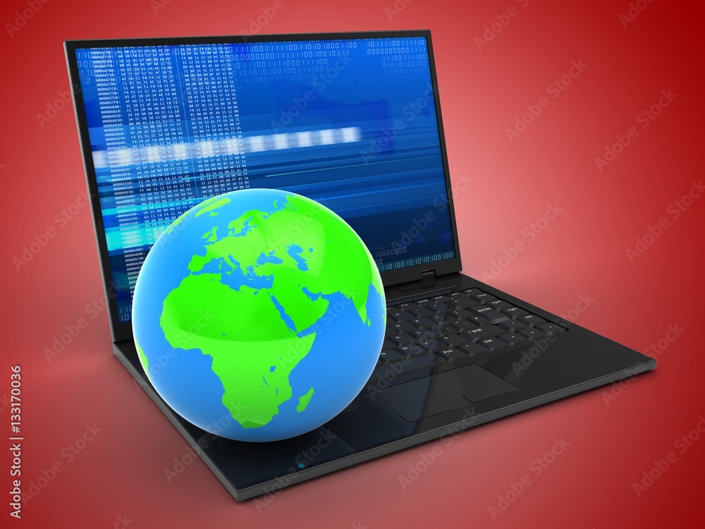 3d illustration of laptop computer over red background with digital screen and globe 3d illustration of laptop computer over red background with digital screen and globe