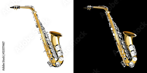 Gold classical saxophone with silver buttons. Isolated object presented on two backgrounds black and white.