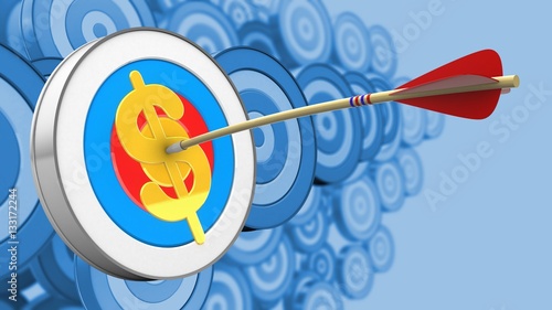 3d illustration of archery target with arrow and dollar sign over many targets background