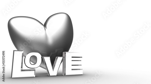 3d illustration of silver heart over white background with love sign silver