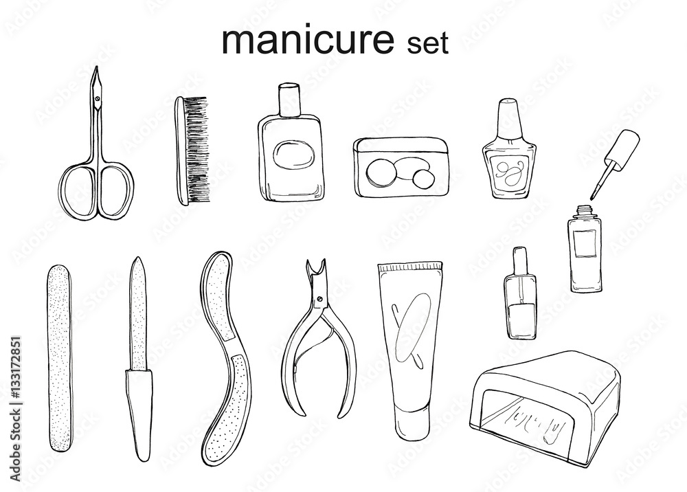 Hand drawn sketch illustration of professional manicure set with nail  scissors, nail file, nail polish, cream, LED or UV lamp, Cuticle Nippers  isolated on white Stock Illustration | Adobe Stock