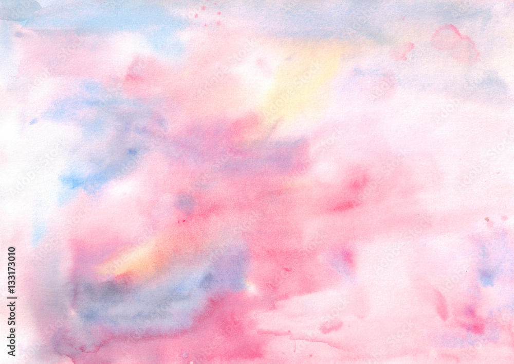 Watercolor abstract background on paper with yellow, blue, purple and pink colors