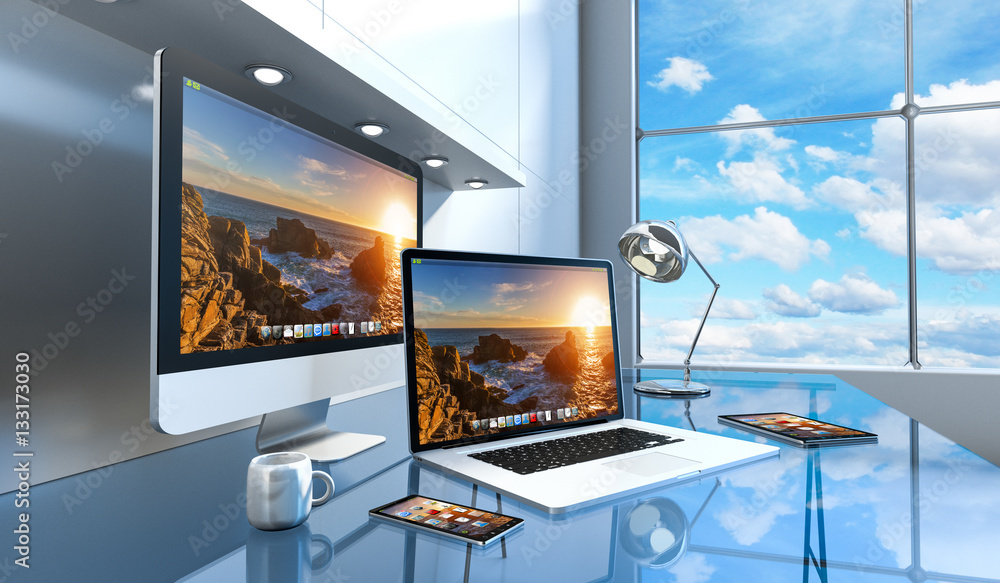 Fototapeta premium Modern glass desk interior with computer and devices 3D renderin