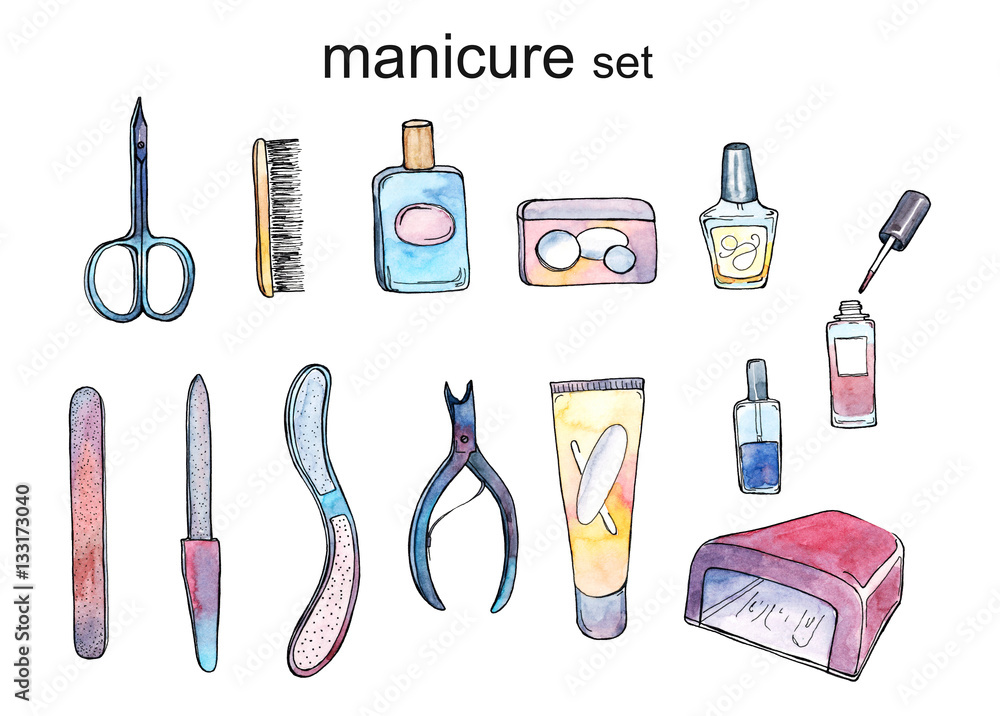 Watercolor hand drawn sketch illustration of professional manicure set with  nail scissors, nail file, nail polish, cream, LED or UV lamp, Cuticle  Nippers isolated on white Stock Illustration | Adobe Stock