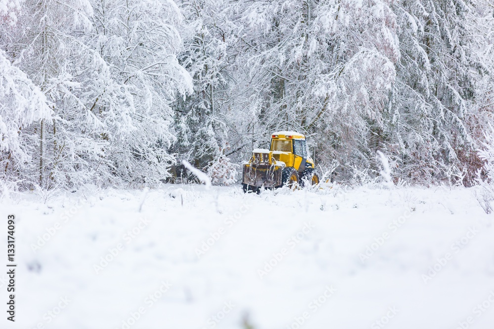 Winter landscape with machine (snow plow at work) Winter landscape with machine (snow plow at work)