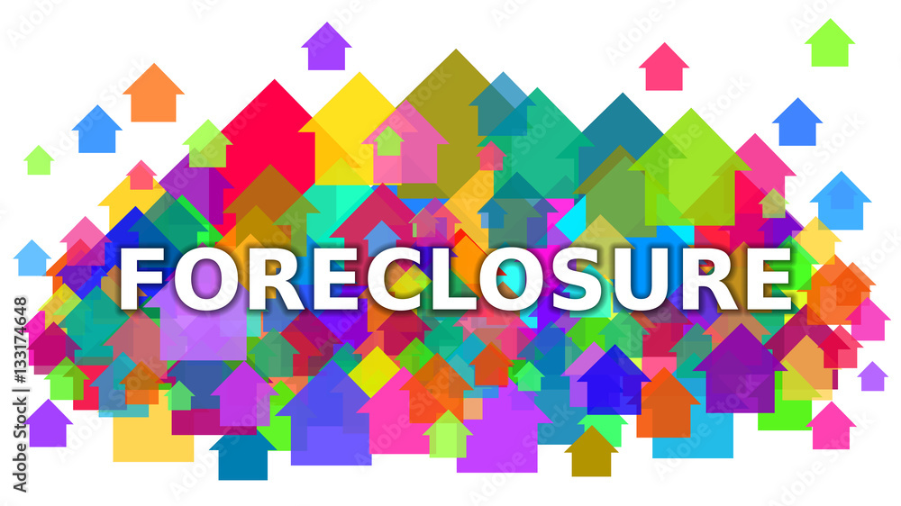 Foreclosure White Text on Colorful Houses Symbol Background