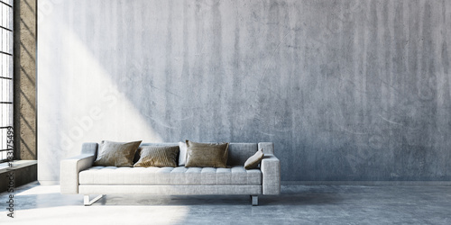 3D render of large sofa on concrete floor