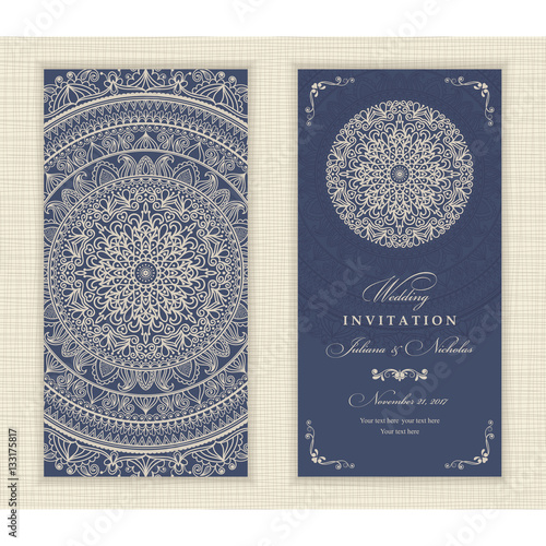 Wedding invitation card ethnic style. The front and rear side. Beautiful Victorian ornament. Frame with floral elements. Vector illustration.
