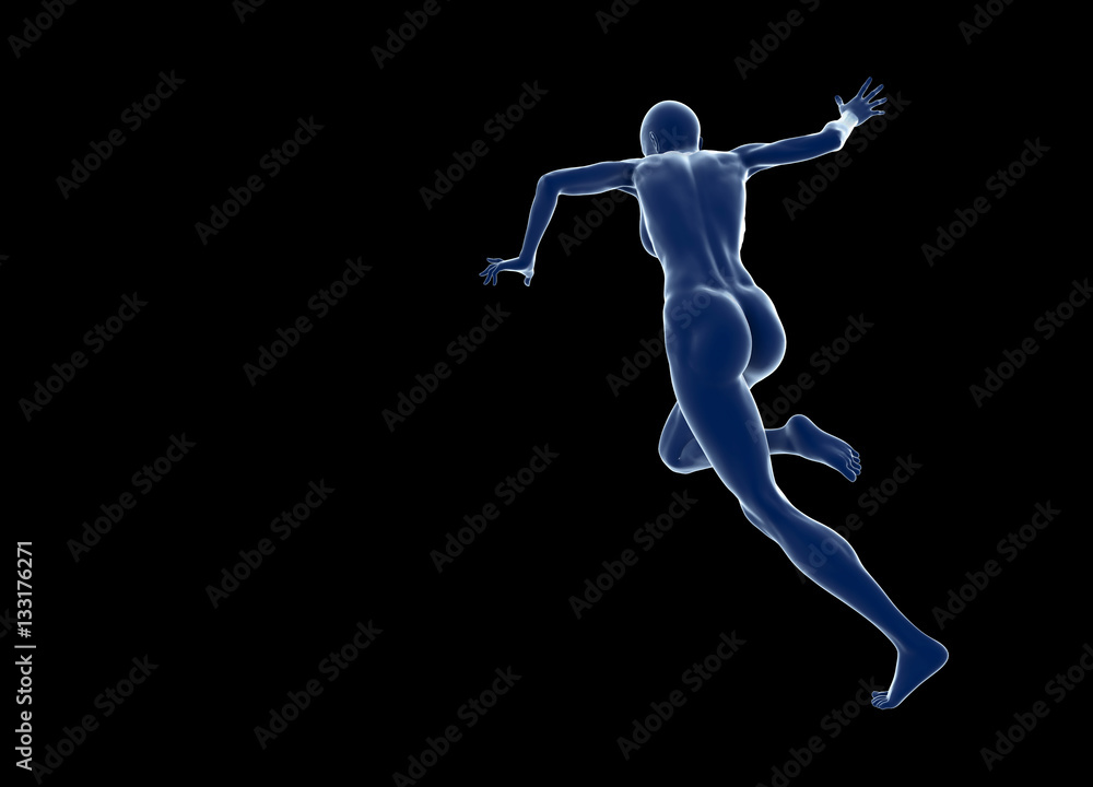 Slim attractive sportswoman running against a black background. 3d illustration