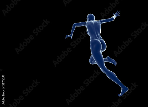 Slim attractive sportswoman running against a black background. 3d illustration