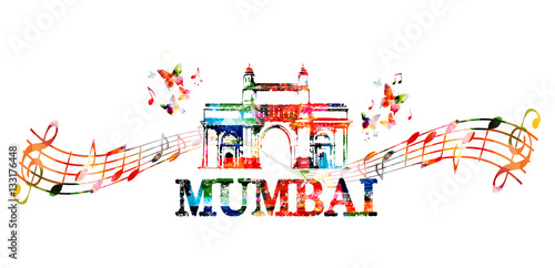 Gateway of India, Mumbai landmark with music notes isolated. Design for poster, brochure, banner. Mumbai architecture template vector illustration, travel background