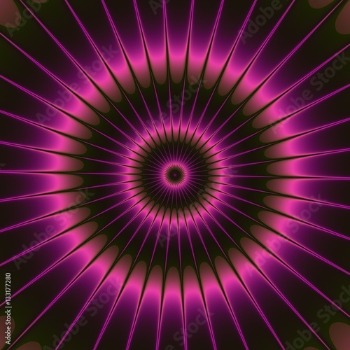 Purple pink shinning neon spike discs on dark background.