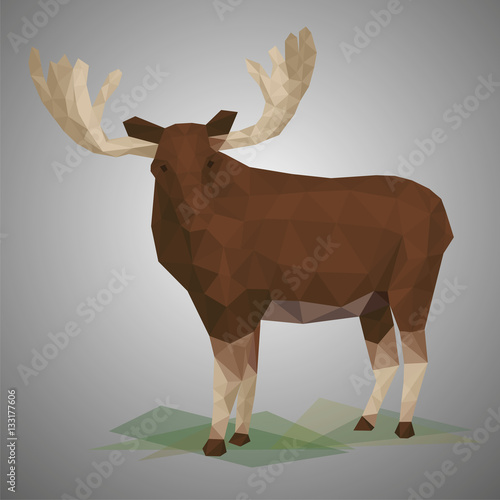 Low poly elk. Vector illustration in polygonal style. Beautiful forest animal on gray background.