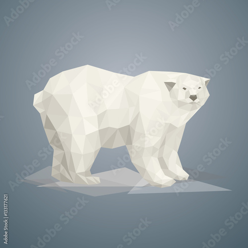 Low poly polar bear. Vector illustration in polygonal style. Beautiful animal on gray background.