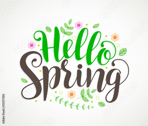 Hello spring text typography vector design with colorful flowers and leaves elements and decorations in white background. Vector illustration.

