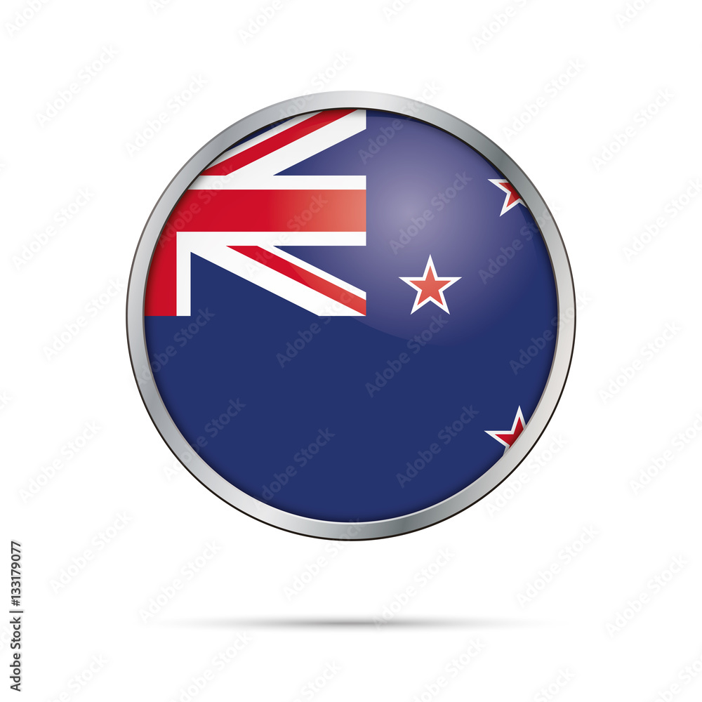 Vector New Zealandic flag Button. New Zealand flag in glass button style with metal frame Vector New Zealandic flag Button. New Zealand flag in glass button style with metal frame