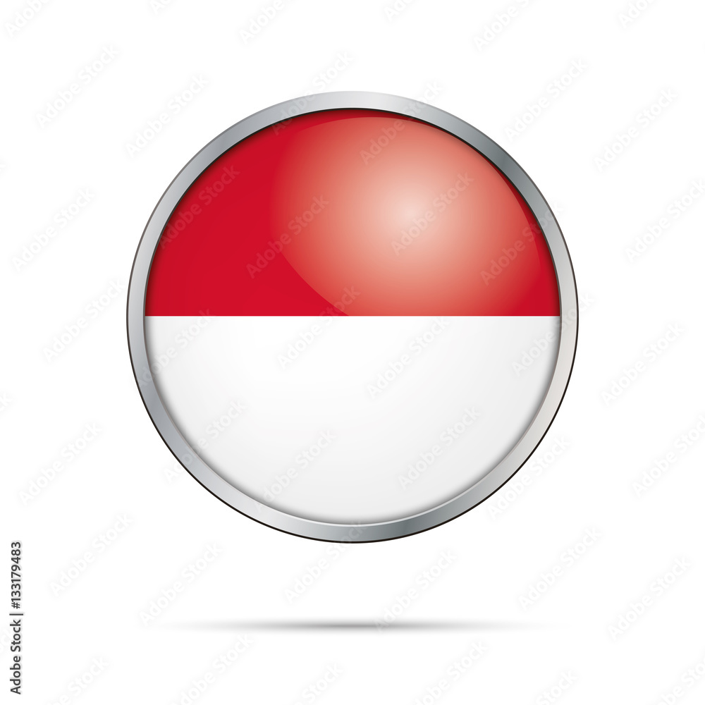 Vector Indonesian flag Button. Indonesia flag in glass button style with metal frame