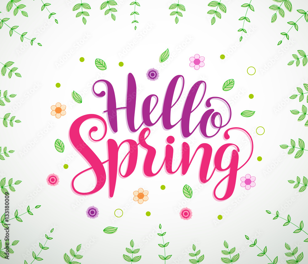 Hello spring text typography vector banner design in white background with colorful flowers and leaves elements. Vector illustration.

