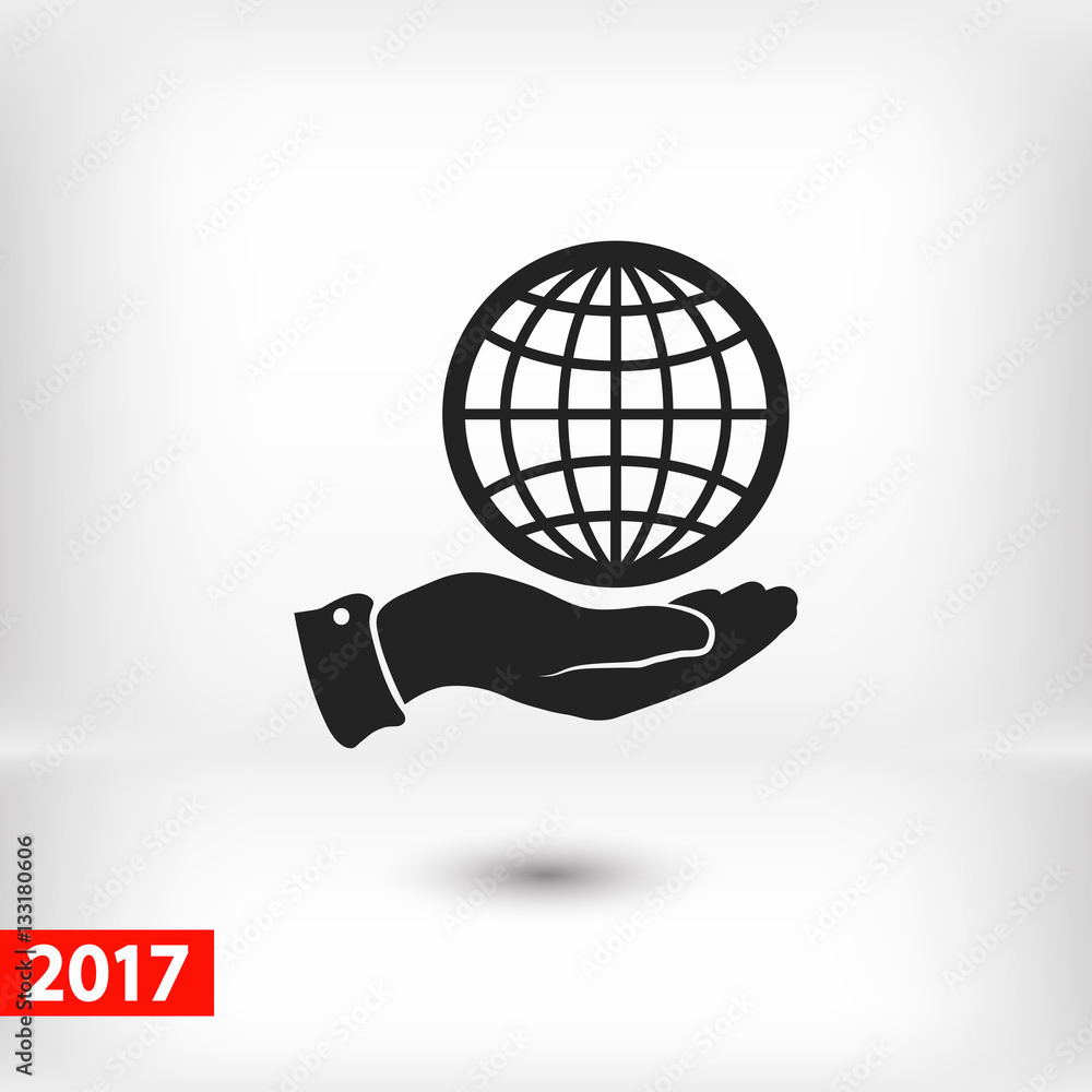 Globe icon with hand, vector illustration. Flat design style