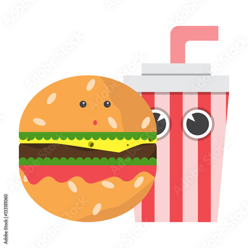 Cheeseburger and Coca. Fast food with eyes