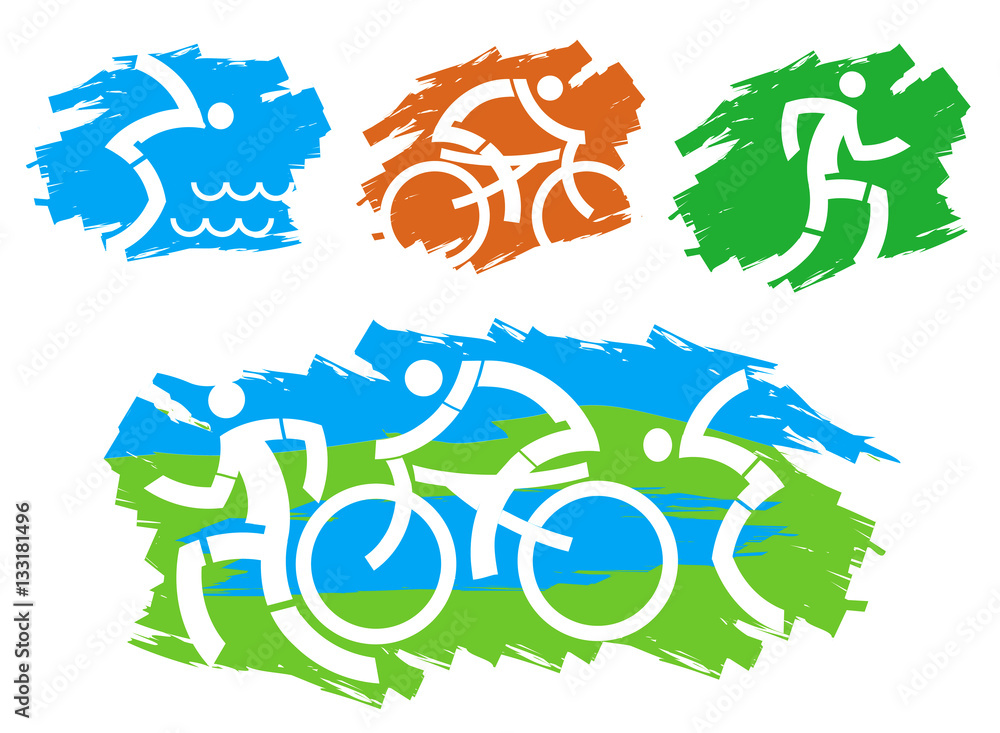 Triathlon grunge stylized icons.
Cyclist, swimmer and runner icons on the grunge background. Vector available.