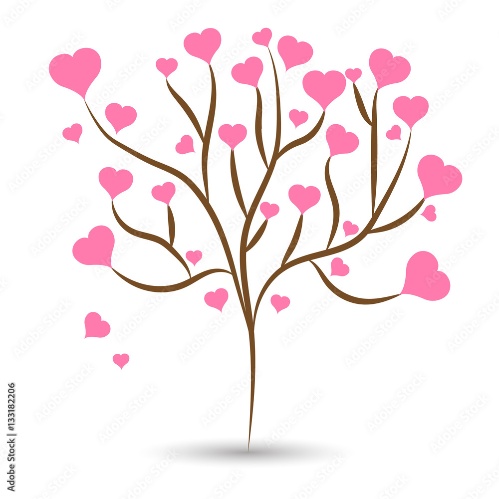 Love tree with pink heart leaves different sizes on white background. Vector illustration Love tree with pink heart leaves different sizes on white background. Vector illustration