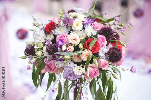 Flowers lilac color for a wedding ceremony at sea. Mountain. Arc