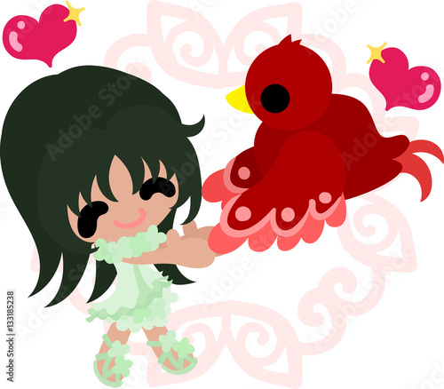 Illustration of a cute little girl and a mysterious bird
