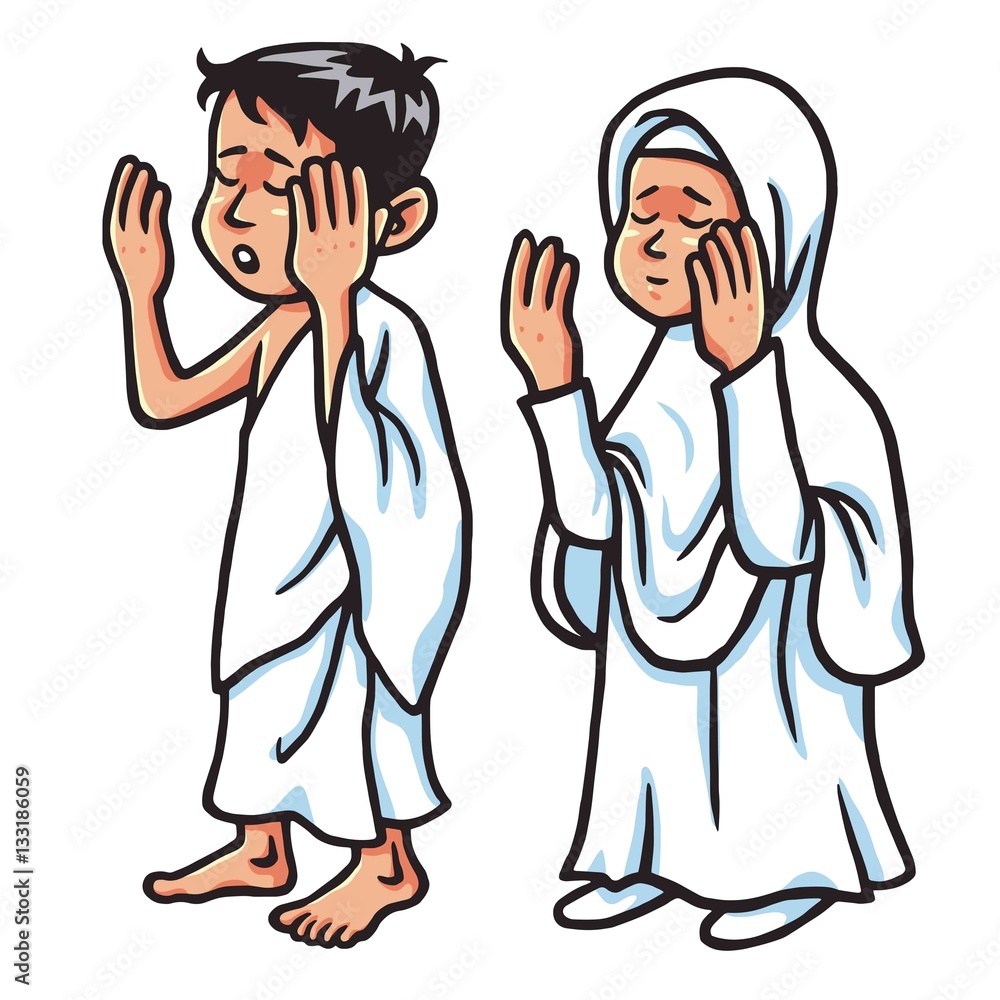 Boy And Girl Hajj Praying Vector Illustration Boy And Girl Hajj Praying Vector Illustration