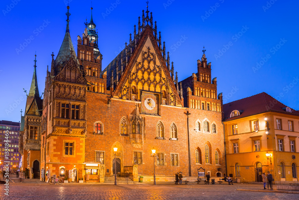 Architecture of the Market Square in Wroclaw at dusk, Poland.