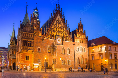 Architecture of the Market Square in Wroclaw at dusk, Poland.