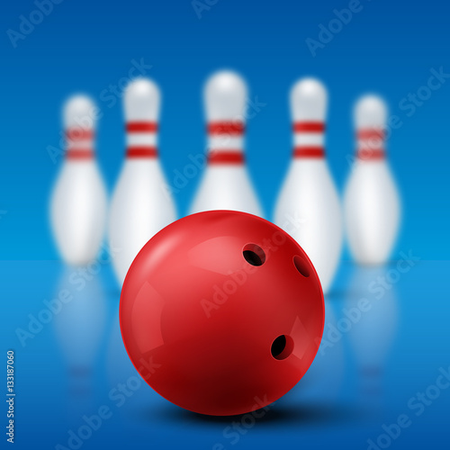 Bowling club poster with red ball and skittles. Vector