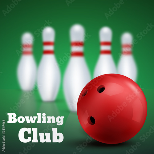 Bowling club poster with red ball and skittles. Vector