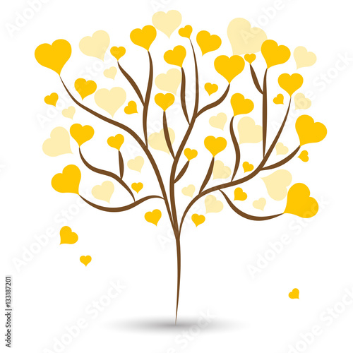 Beautiful love tree with yellow heart leaves different sizes on white background. Vector illustration © galinadarla