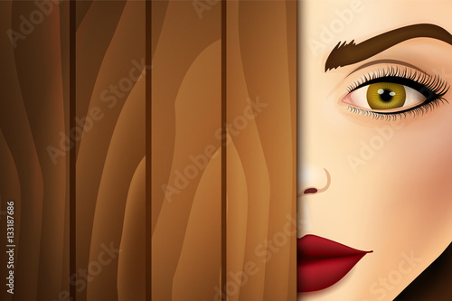 Woman peeking from wooden desk, face close up